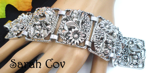 Lot - Vintage Signed Sarah Coventry Silver Wide Multi Stone Bracelet